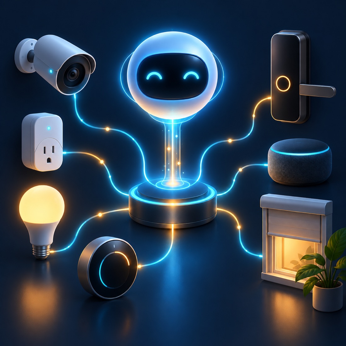 Smart-home devices and a camera connected through Homebridge to an assistant.