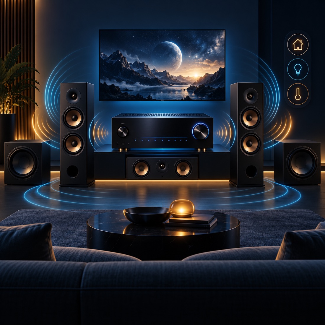 Home theater receiver and speakers with sound waves and smart-home controls.