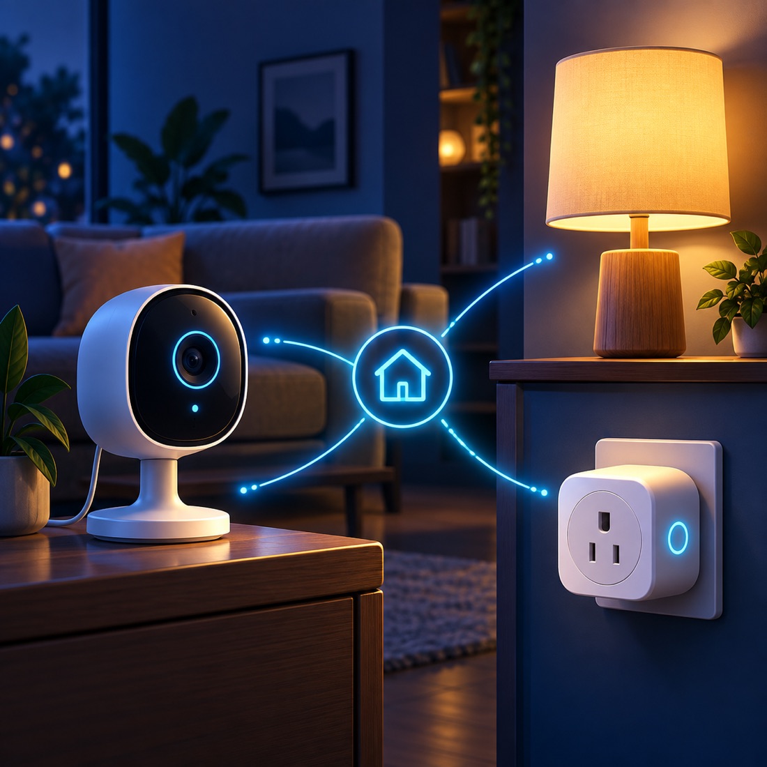 Home security camera, smart plug, and lamp connected on a local network.