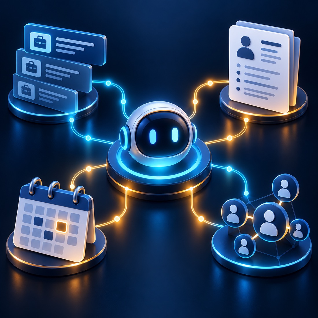 AI hub connecting job listings, résumé materials, contacts, and calendar workflows.