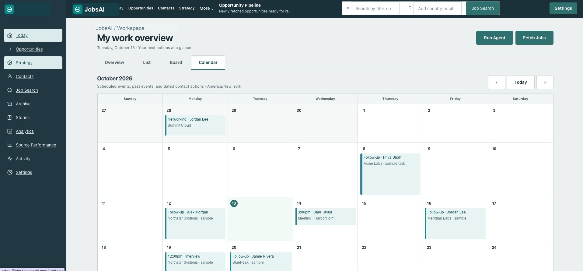 JobsAI calendar with fictional networking, interview, meeting, and follow-up events.