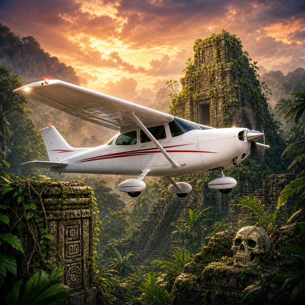Krazy Plane game artwork showing a Cessna flying above jungle ruins.