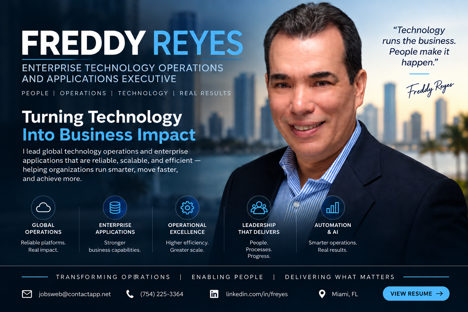 Freddy Reyes executive profile: enterprise technology operations and applications executive, with focus areas in global operations, enterprise applications, operational excellence, leadership, and automation.